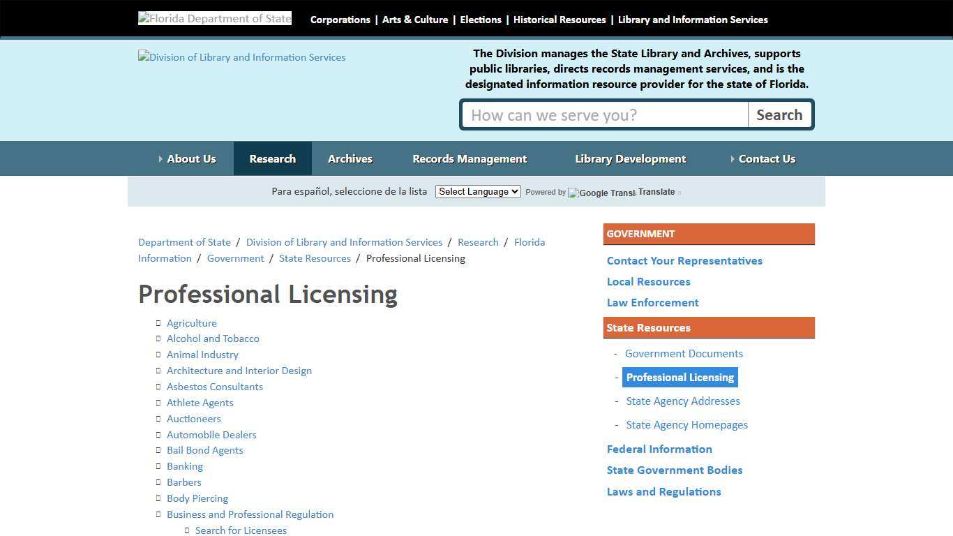 Professional Licensing - Division of Library and Information Services - Florida Department of State